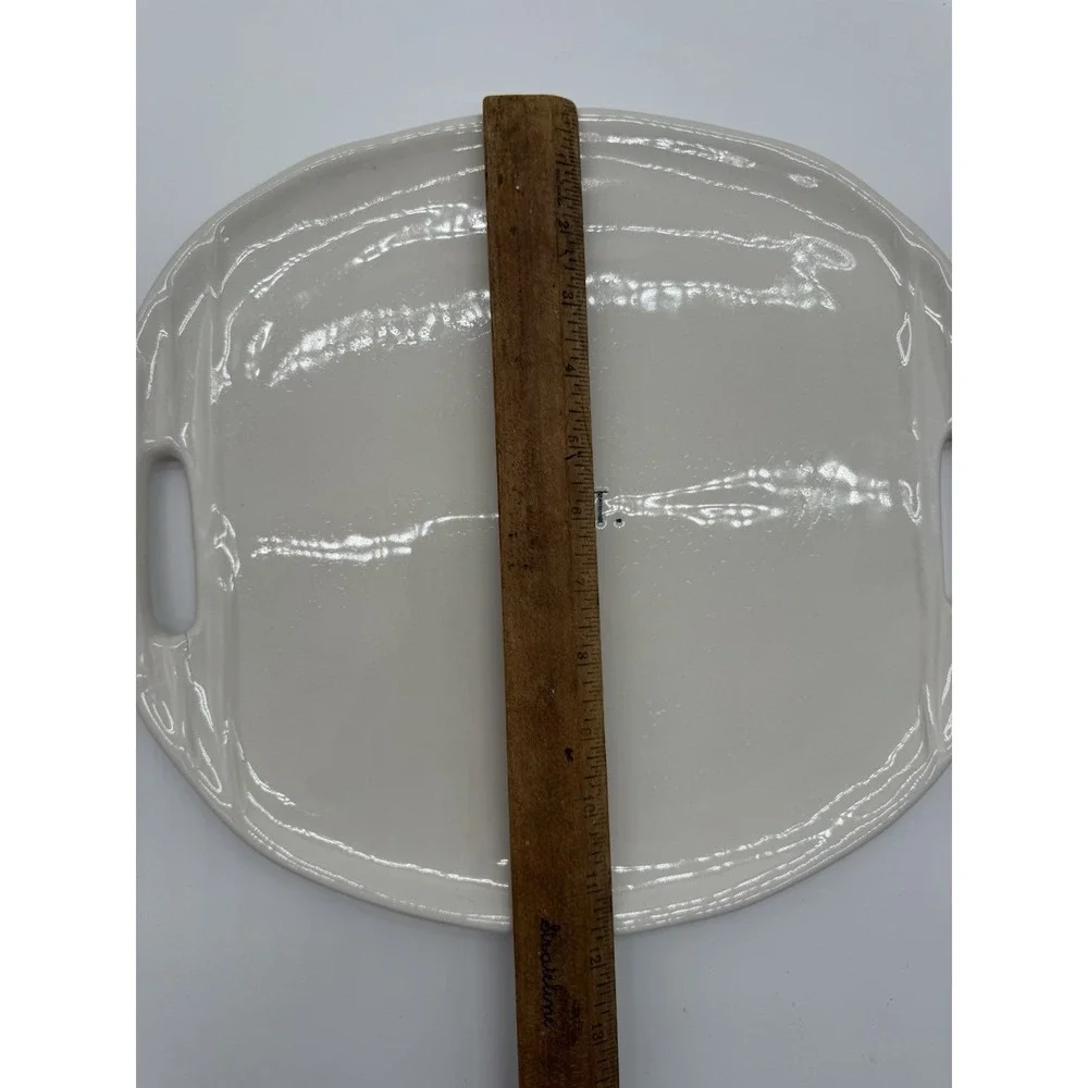 RAE DUNN Oval White Platter With Handles Eat.  13.5x11.5 Small Crack Left Handle